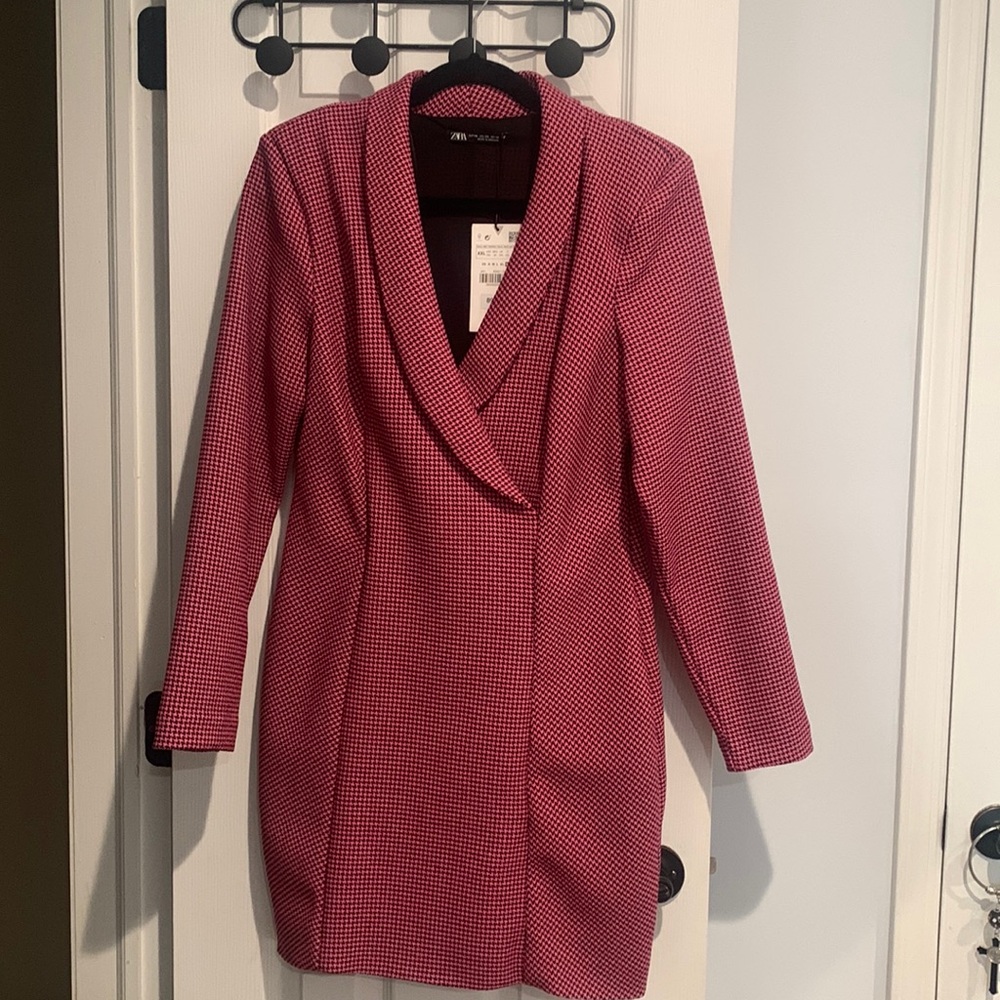 Zara Pink Houndstooth Blazer Dress